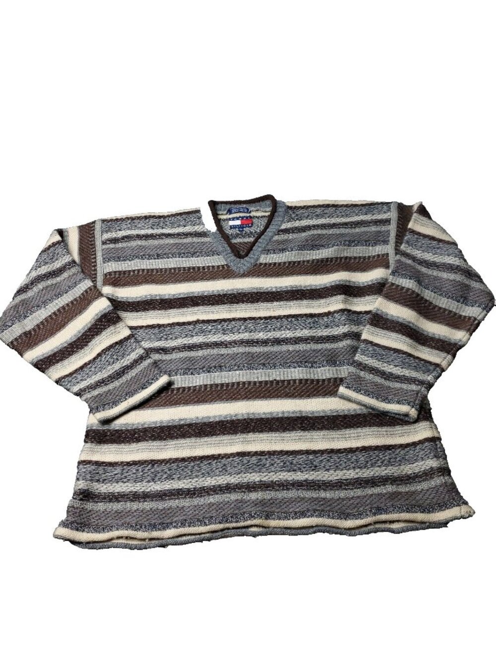 VINTAGE 90s Tommy Hilfiger Wool V Neck Sweater Mens XL Brown Gray Striped Street